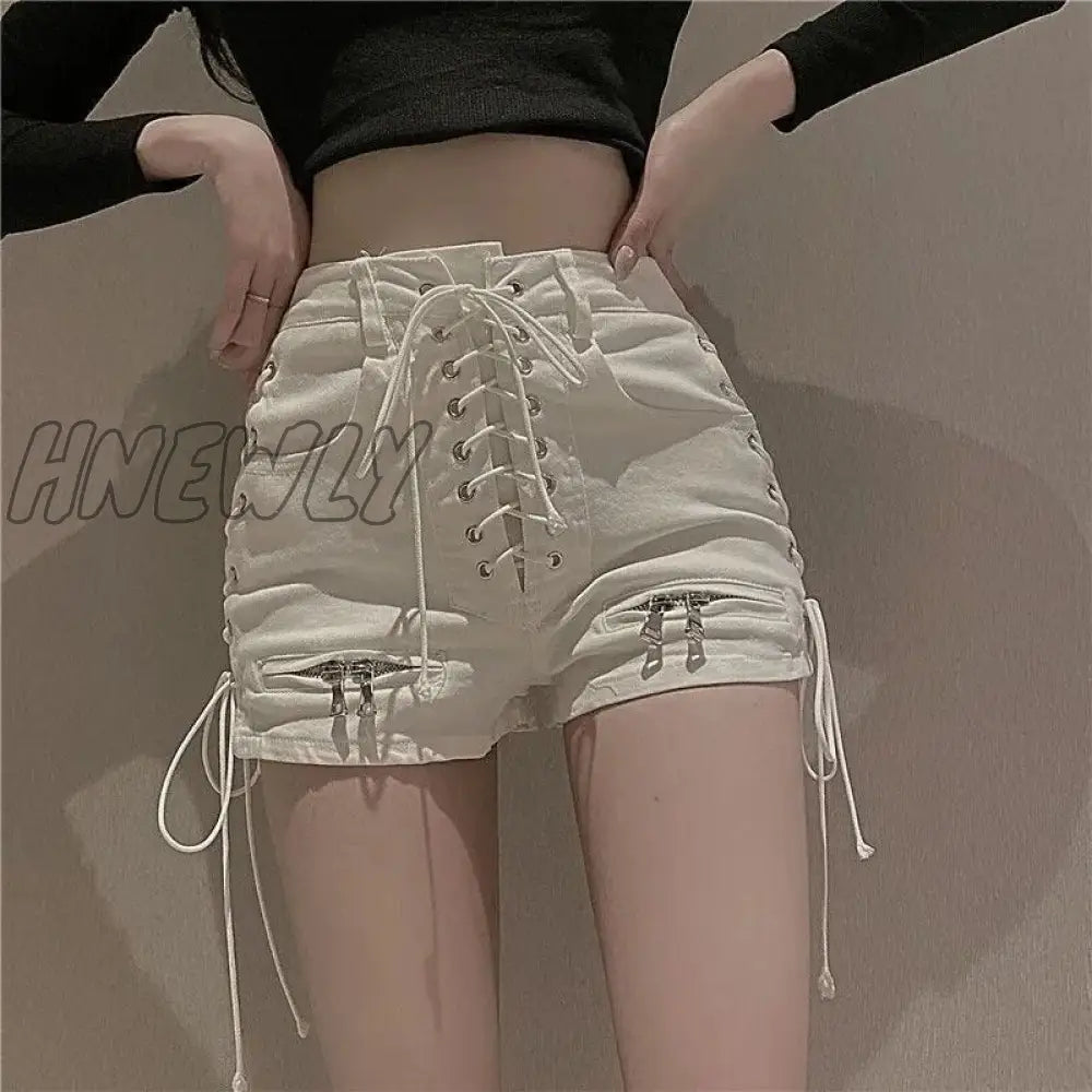 Hnewly New Bandage Sexy Denim Shorts Women Streetwear Gothic Jeans Mini High Waist Lace Up Casual