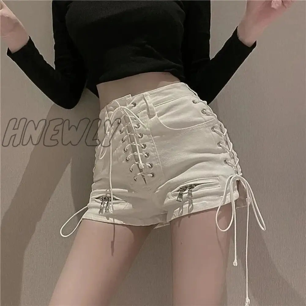 Hnewly New Bandage Sexy Denim Shorts Women Streetwear Gothic Jeans Mini High Waist Lace Up Casual