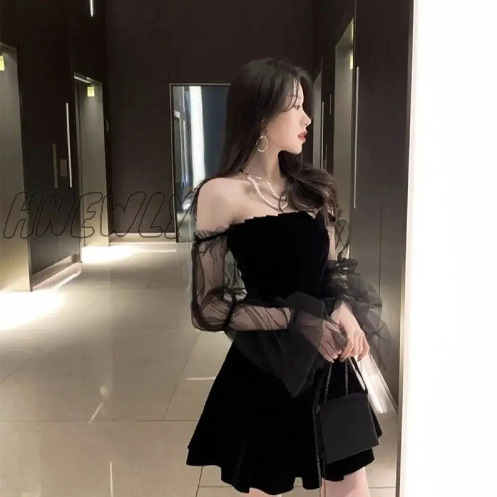 Hnewly New Black Retro Dress Women Lace Chiffon Mini Female High Street Sexy Korean Fashion Club