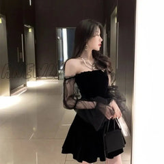 Hnewly New Black Retro Dress Women Lace Chiffon Mini Female High Street Sexy Korean Fashion Club
