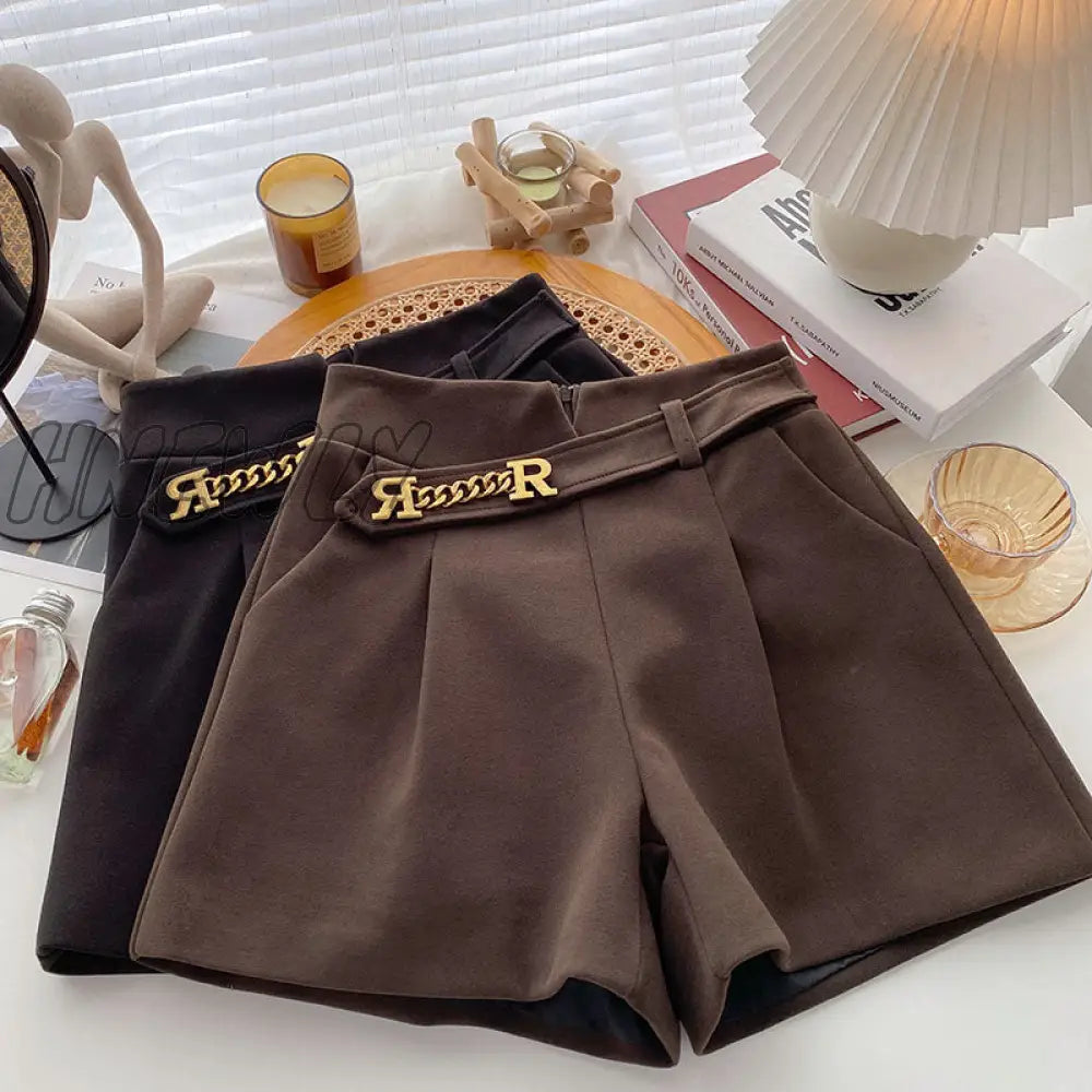 Hnewly New Casual Comfortable Elegant Wild Shorts With Belt Women’s Woolen Autumn Winter Slim