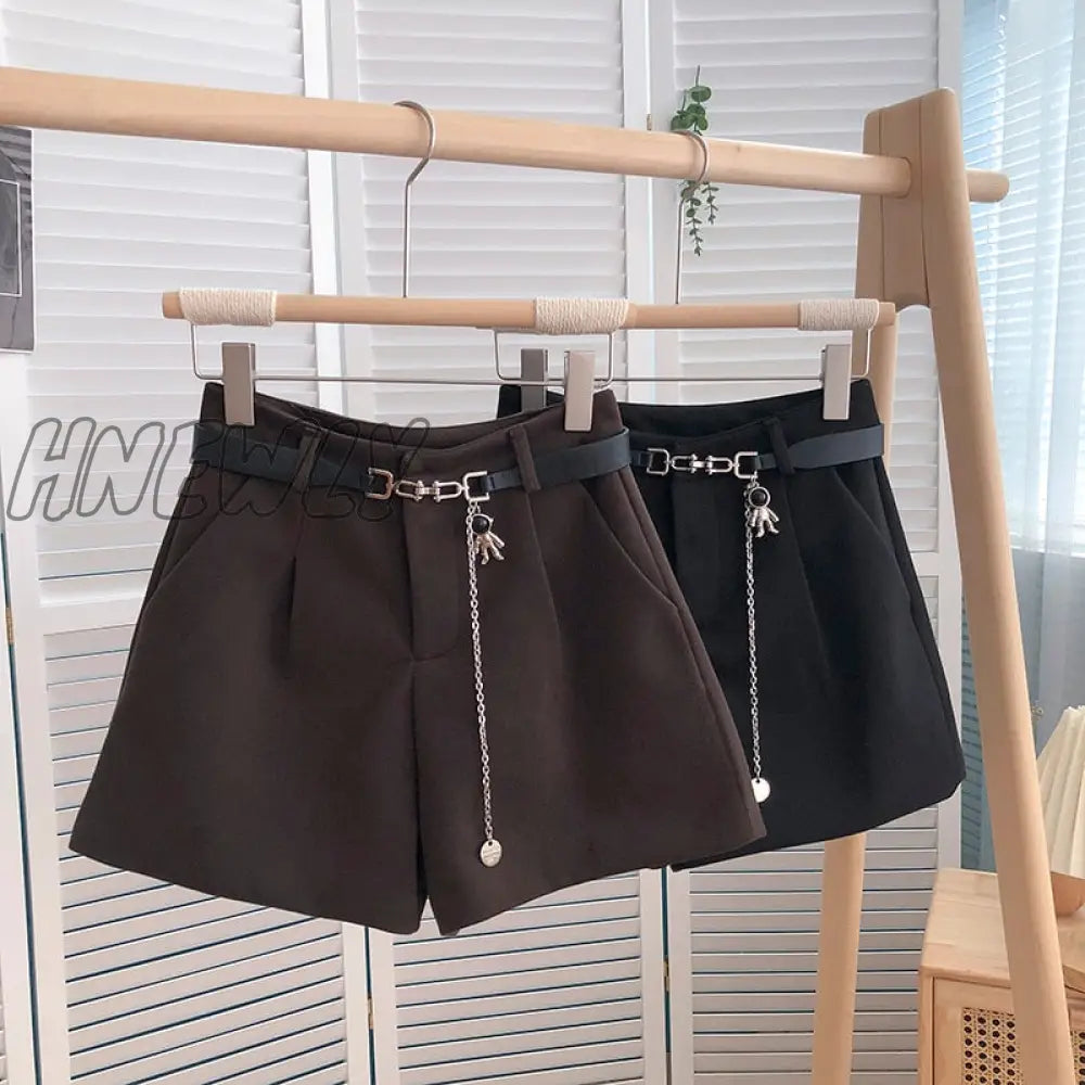 Hnewly New Casual Comfortable Elegant Wild Shorts With Belt Women’s Woolen Autumn Winter Slim