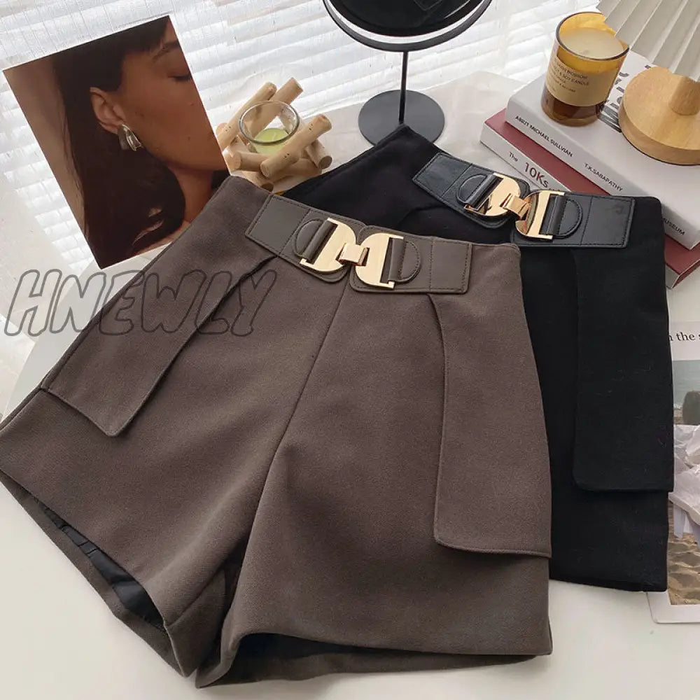 Hnewly New Casual Comfortable Elegant Wild Shorts With Belt Women’s Woolen Autumn Winter Slim