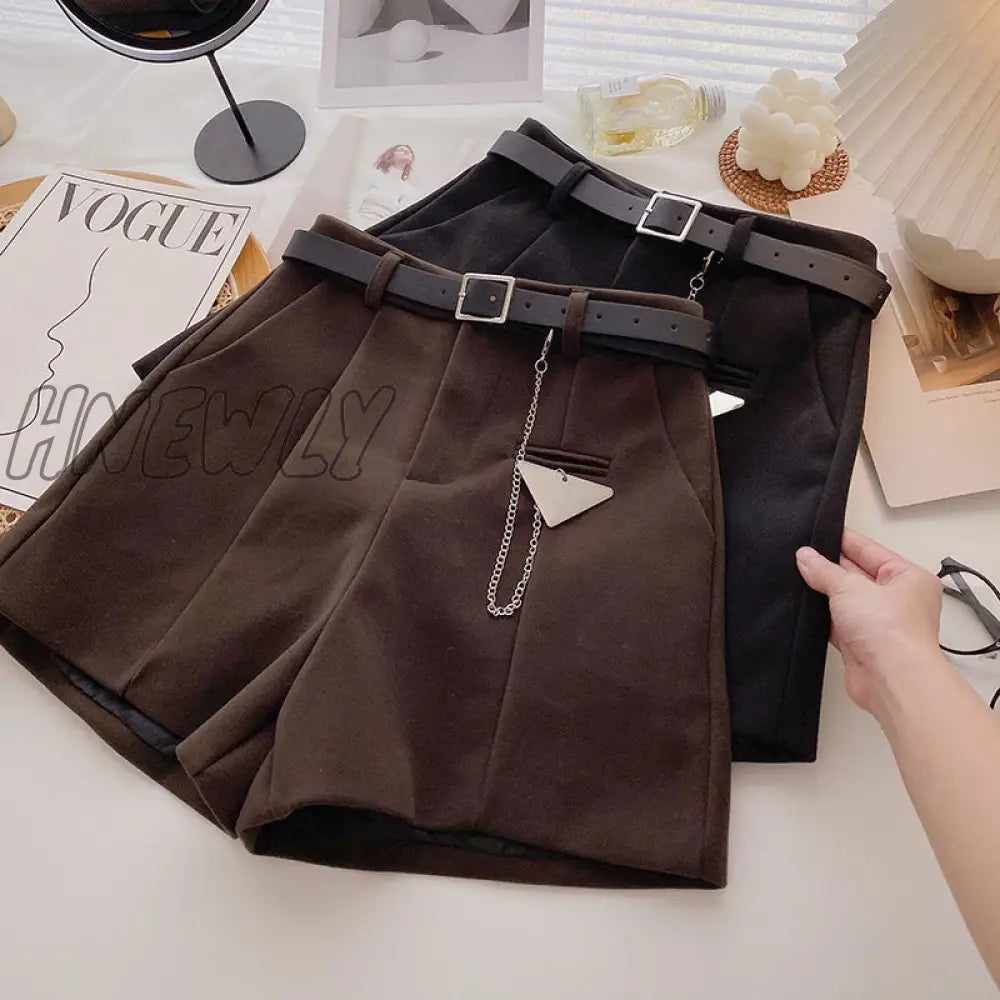 Hnewly New Casual Comfortable Elegant Wild Shorts With Belt Women’s Woolen Autumn Winter Slim