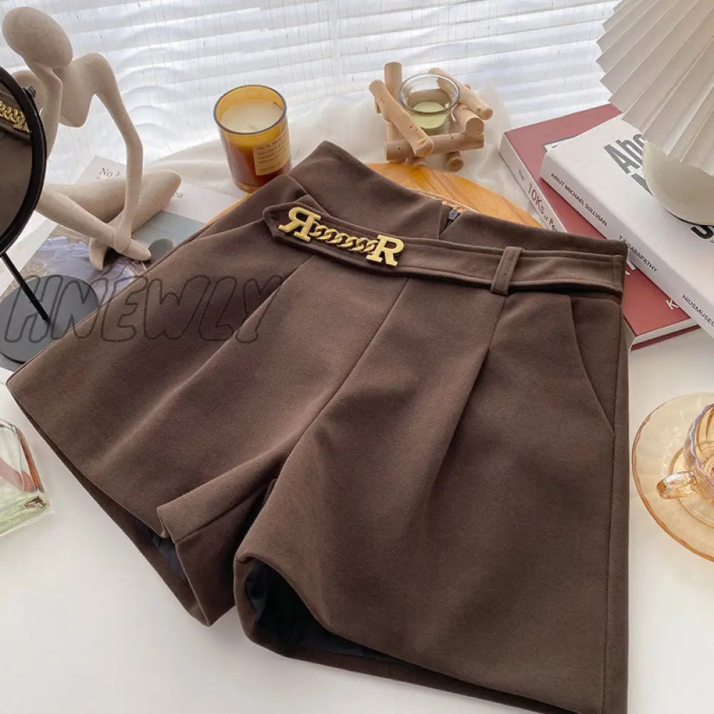 Hnewly New Casual Comfortable Elegant Wild Shorts With Belt Women’s Woolen Autumn Winter Slim