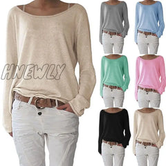 Hnewly New Casual Loose Ladies Long Sleeve Tops T Shirt Pure Color Women Clothing Fashion Summer