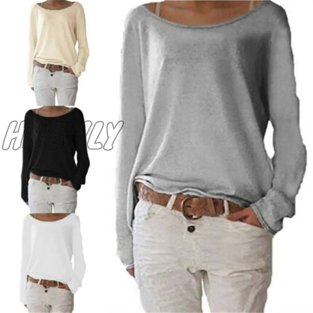 Hnewly New Casual Loose Ladies Long Sleeve Tops T Shirt Pure Color Women Clothing Fashion Summer