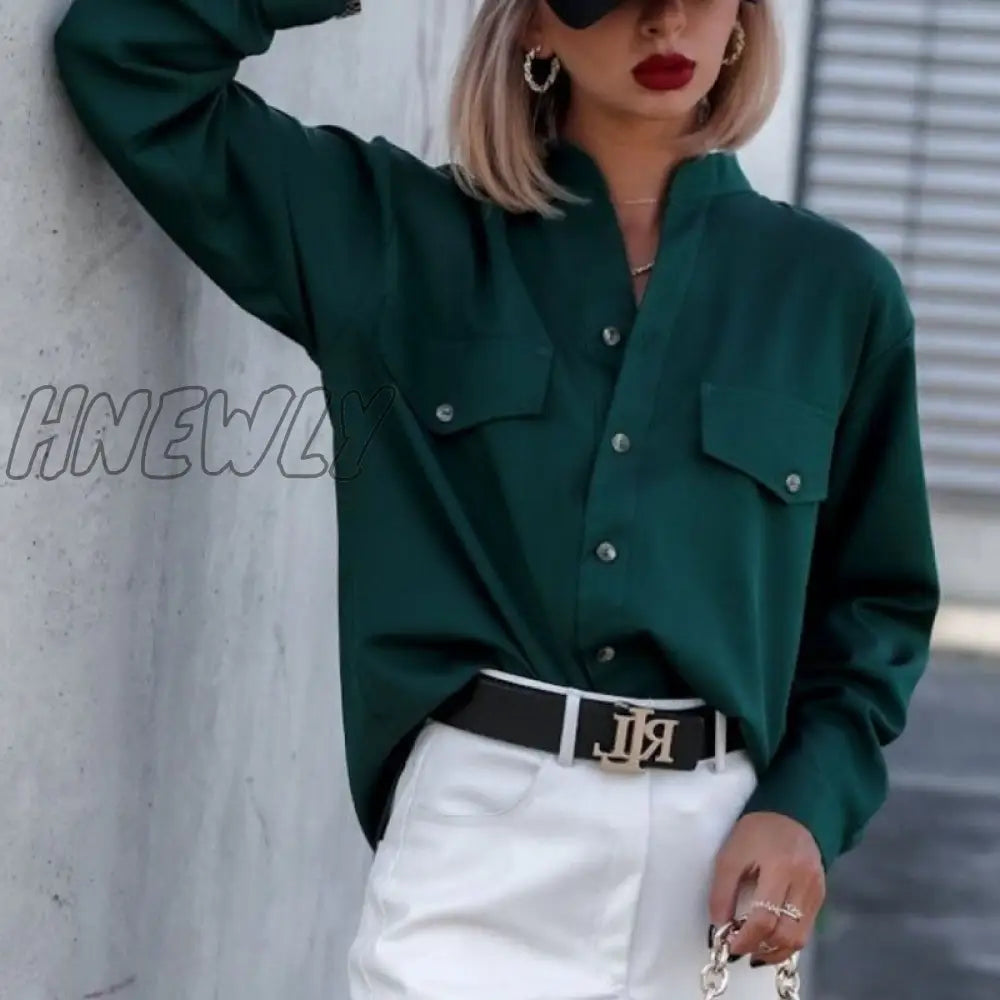 Hnewly New Fashion Dark Green Lady Elegant Office Blouse Stand-Up Collar Buttons Pocket Shirt Top