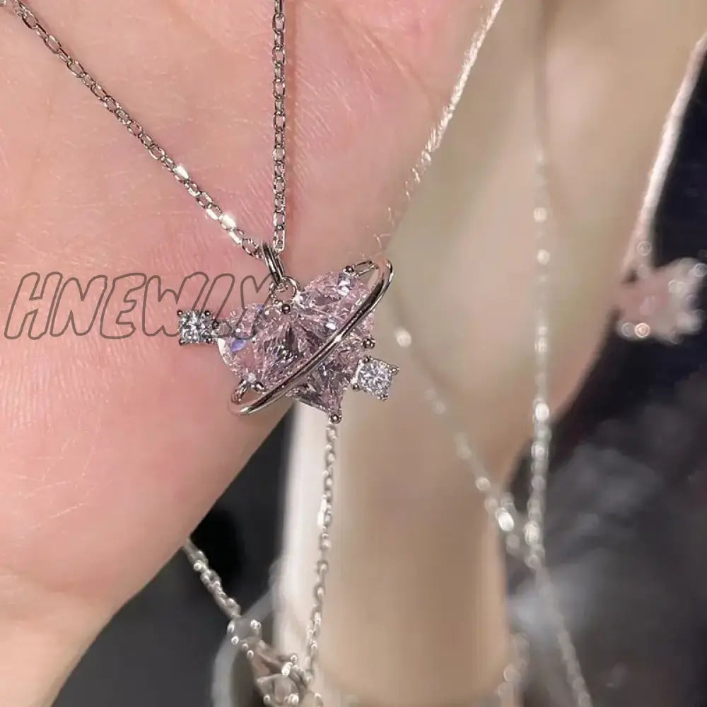 Hnewly New Fashion Trendy Y2K Crystal Pink Zircon Heart Pendant Necklace For Women Girl Elegant And