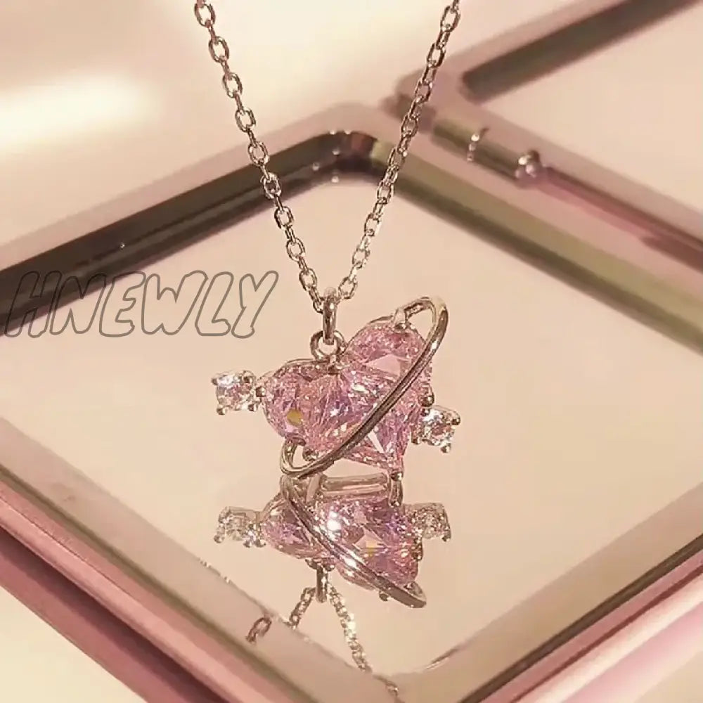 Hnewly New Fashion Trendy Y2K Crystal Pink Zircon Heart Pendant Necklace For Women Girl Elegant And