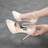 Hnewly New Fashion Women Pumps Shoes Waterproof Platform One-Line Buckle Hollow Pointed Toe 10Cm