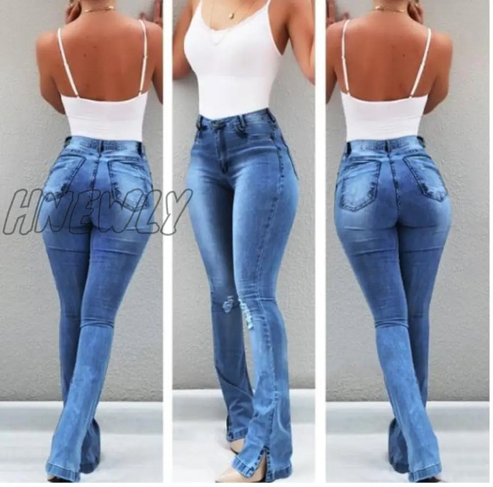 Hnewly New High Waist Female Boyfriend Ripped Jeans For Women Plus Size Pants Bell Bottom Denim