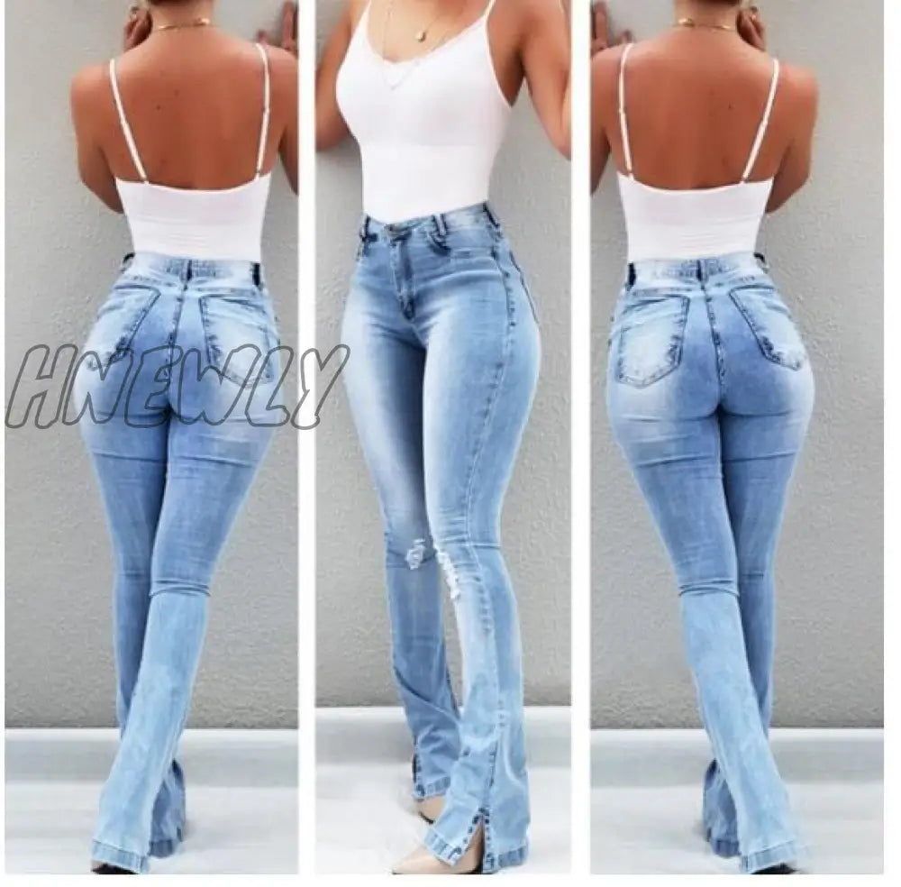 Hnewly New High Waist Female Boyfriend Ripped Jeans For Women Plus Size Pants Bell Bottom Denim