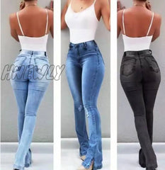 Hnewly New High Waist Female Boyfriend Ripped Jeans For Women Plus Size Pants Bell Bottom Denim