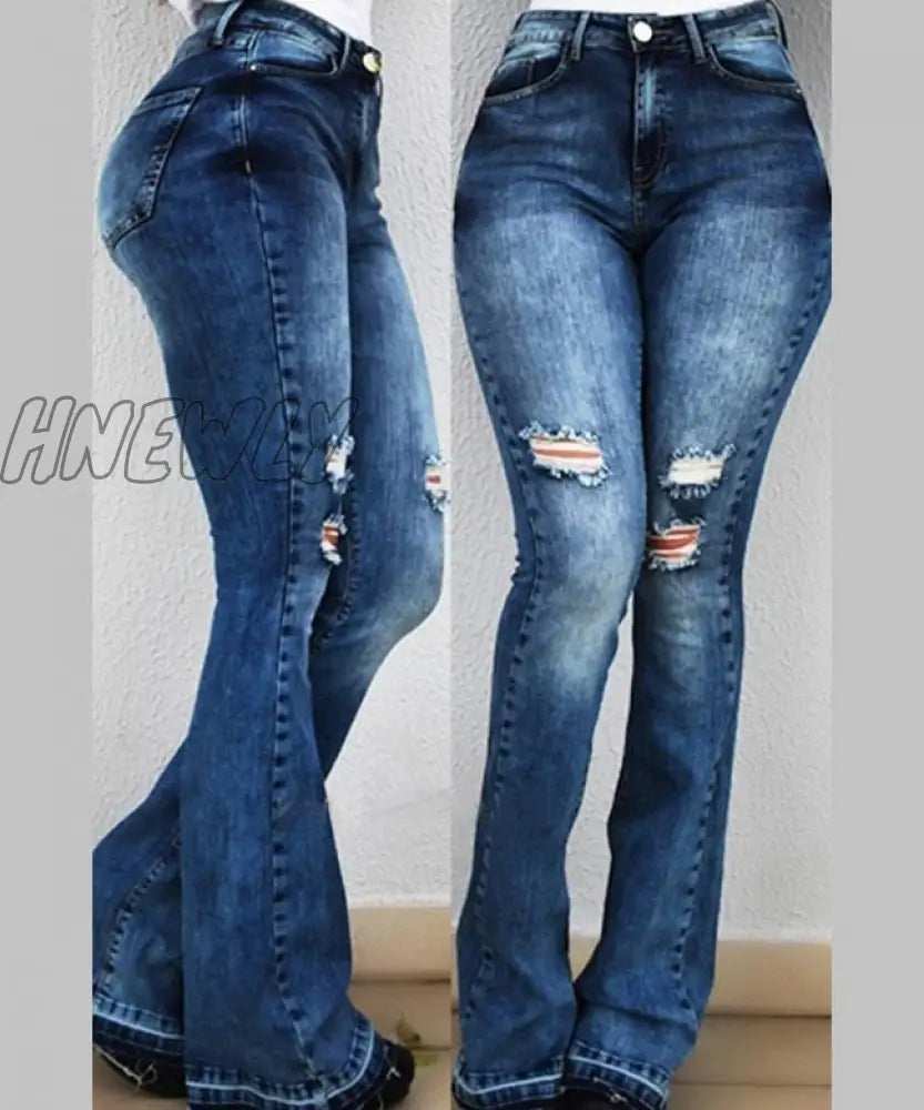 Hnewly New High Waist Female Boyfriend Ripped Jeans For Women Plus Size Pants Bell Bottom Denim