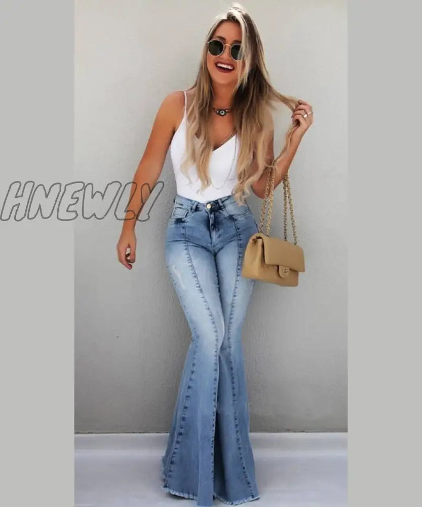 Hnewly New High Waist Female Boyfriend Ripped Jeans For Women Plus Size Pants Bell Bottom Denim