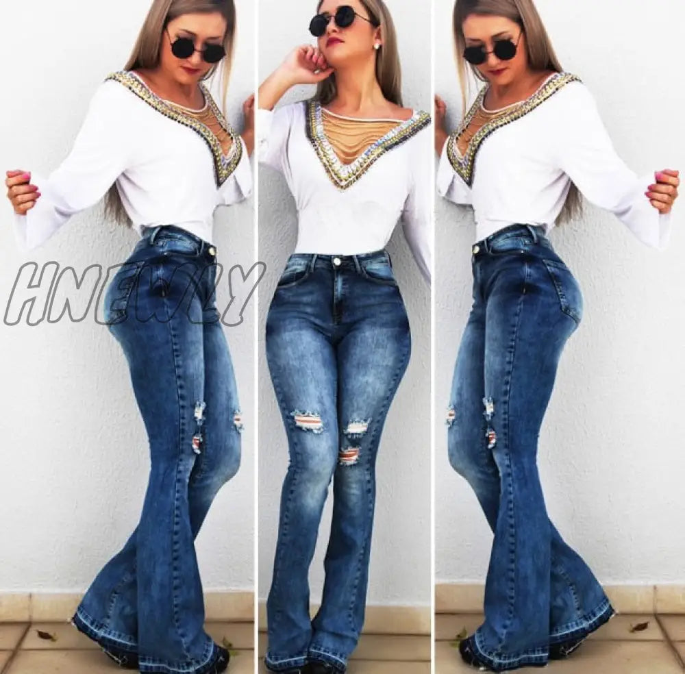 Hnewly New High Waist Female Boyfriend Ripped Jeans For Women Plus Size Pants Bell Bottom Denim