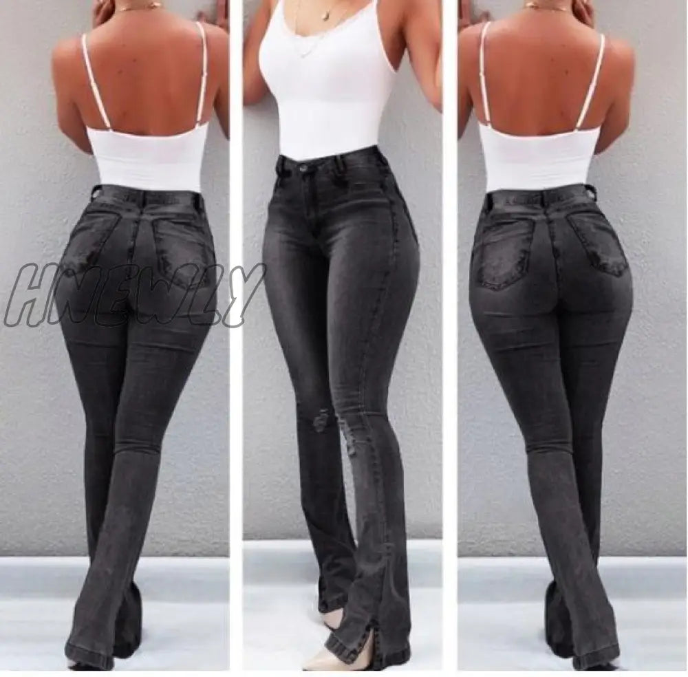 Hnewly New High Waist Female Boyfriend Ripped Jeans For Women Plus Size Pants Bell Bottom Denim