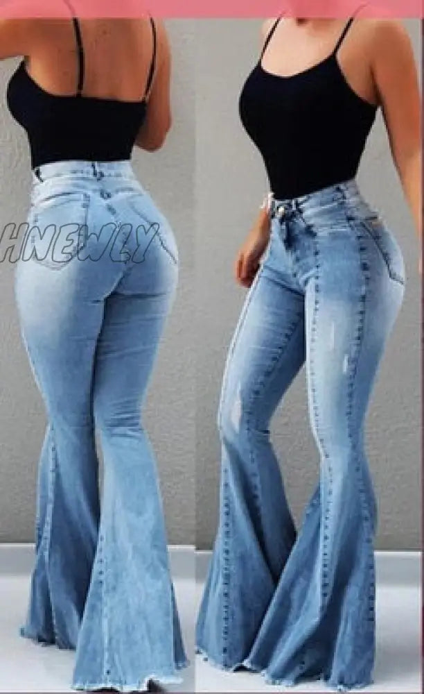 Hnewly New High Waist Female Boyfriend Ripped Jeans For Women Plus Size Pants Bell Bottom Denim