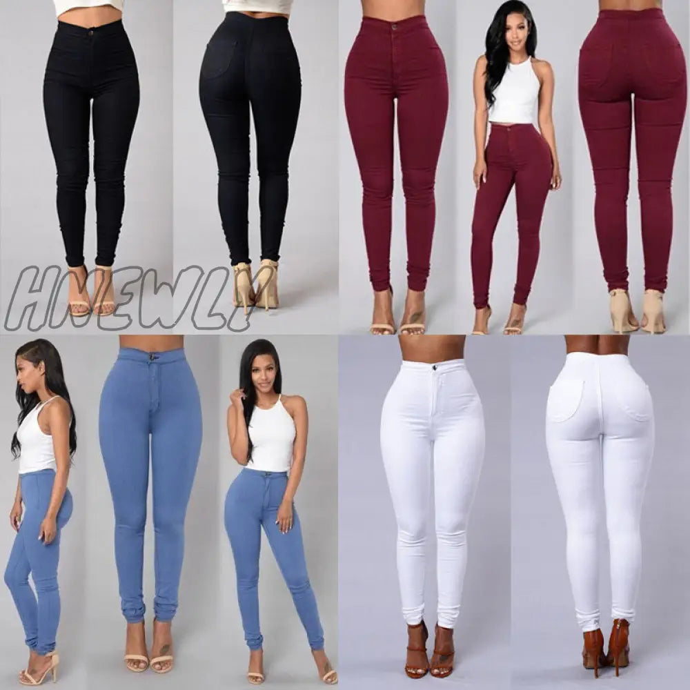 Hnewly New Hot Sale Women Denim Skinny Jeggings Pants High Waist Stretch Jeans Pure Color Slim