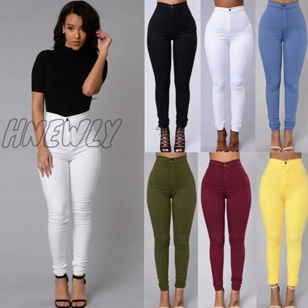 Hnewly New Hot Sale Women Denim Skinny Jeggings Pants High Waist Stretch Jeans Pure Color Slim