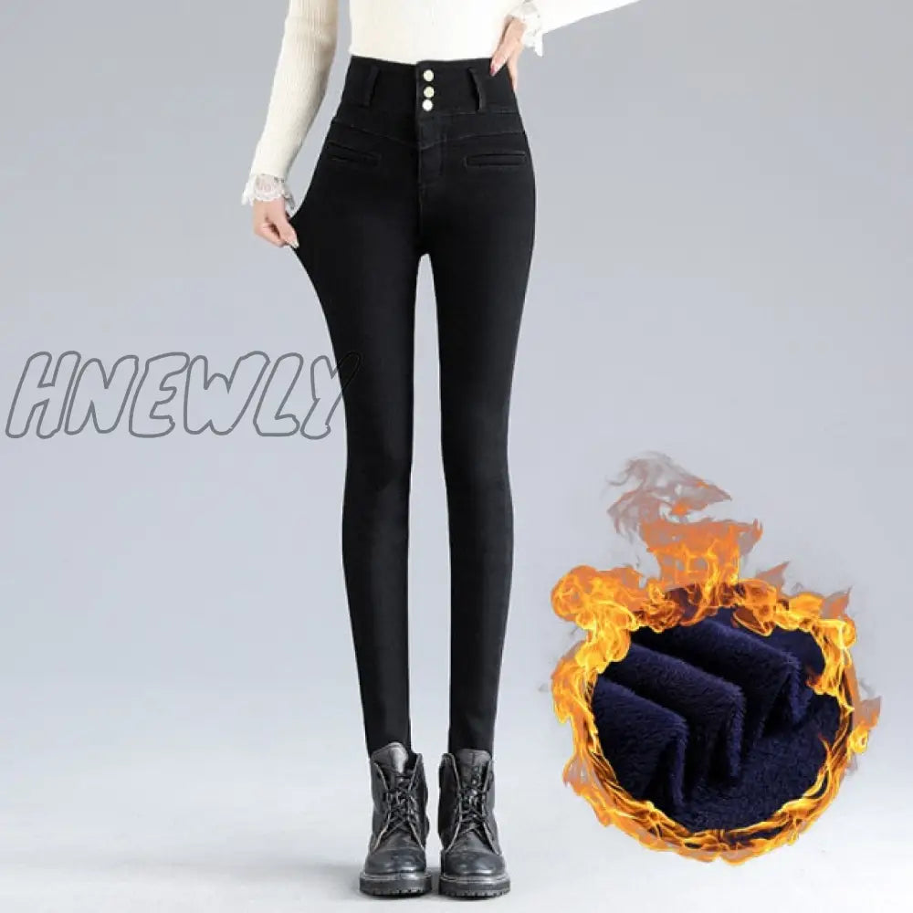 Hnewly New Ladies Plus Velvet Super High Waist Sexy Skinny Jeans Winter Warmth Belly Retro Blue