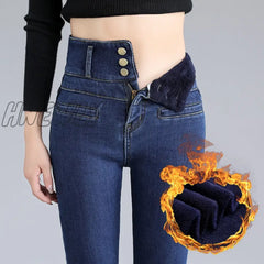 Hnewly New Ladies Plus Velvet Super High Waist Sexy Skinny Jeans Winter Warmth Belly Retro Blue