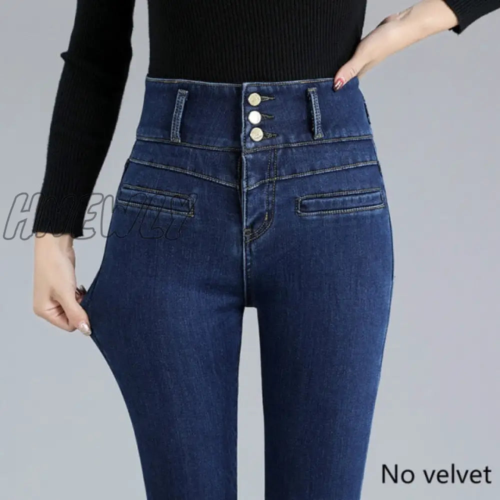 Hnewly New Ladies Plus Velvet Super High Waist Sexy Skinny Jeans Winter Warmth Belly Retro Blue