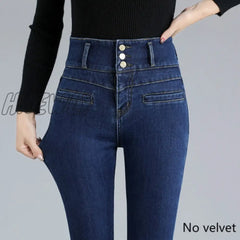Hnewly New Ladies Plus Velvet Super High Waist Sexy Skinny Jeans Winter Warmth Belly Retro Blue