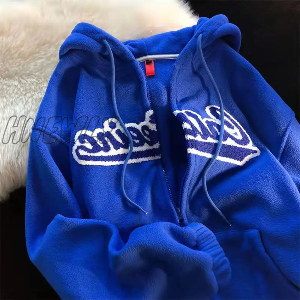 Hnewly New Polar Fleece Hoodies Women Casual Embroidery Clothes For Teens Sweatshirts Vintage Pink