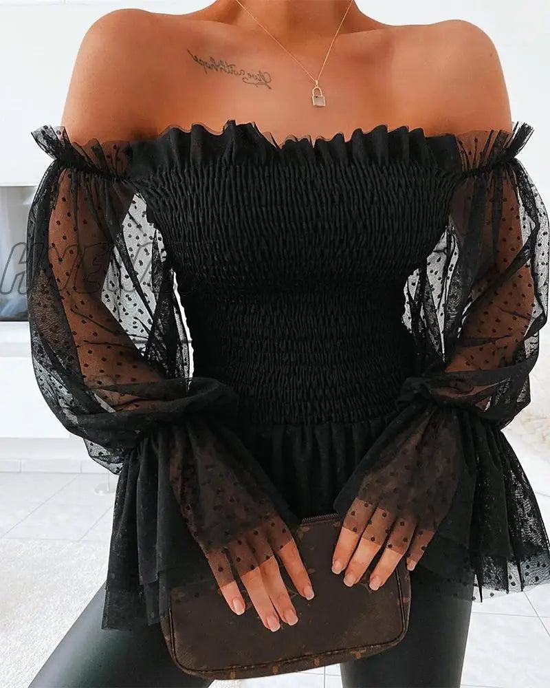 Hnewly New Sexy Off Shoulder Blouse Women Mesh Flare Sleeve Shirts Summer Fashion Sheer Long Lace