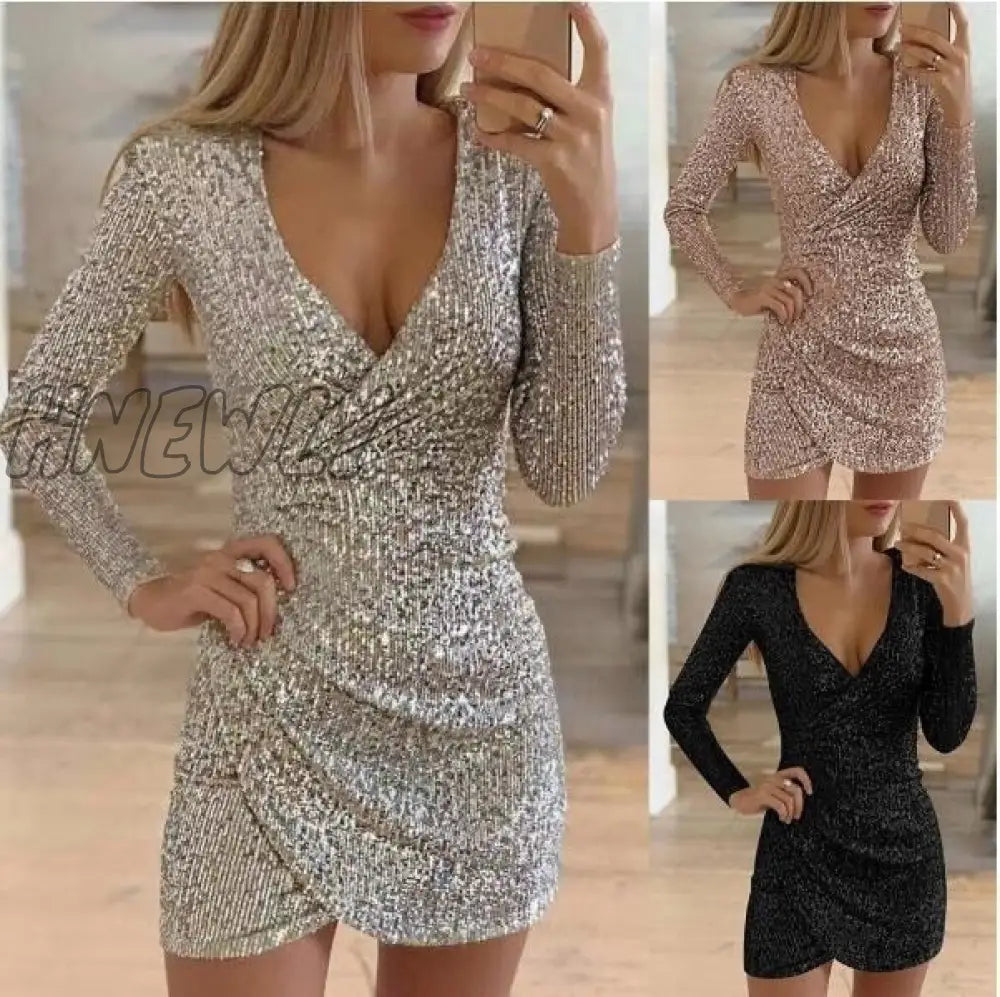 Hnewly New Sexy Women Dress Sequins Glitter V - Neck Long Sleeve Self Cultivation Dresses Elegant