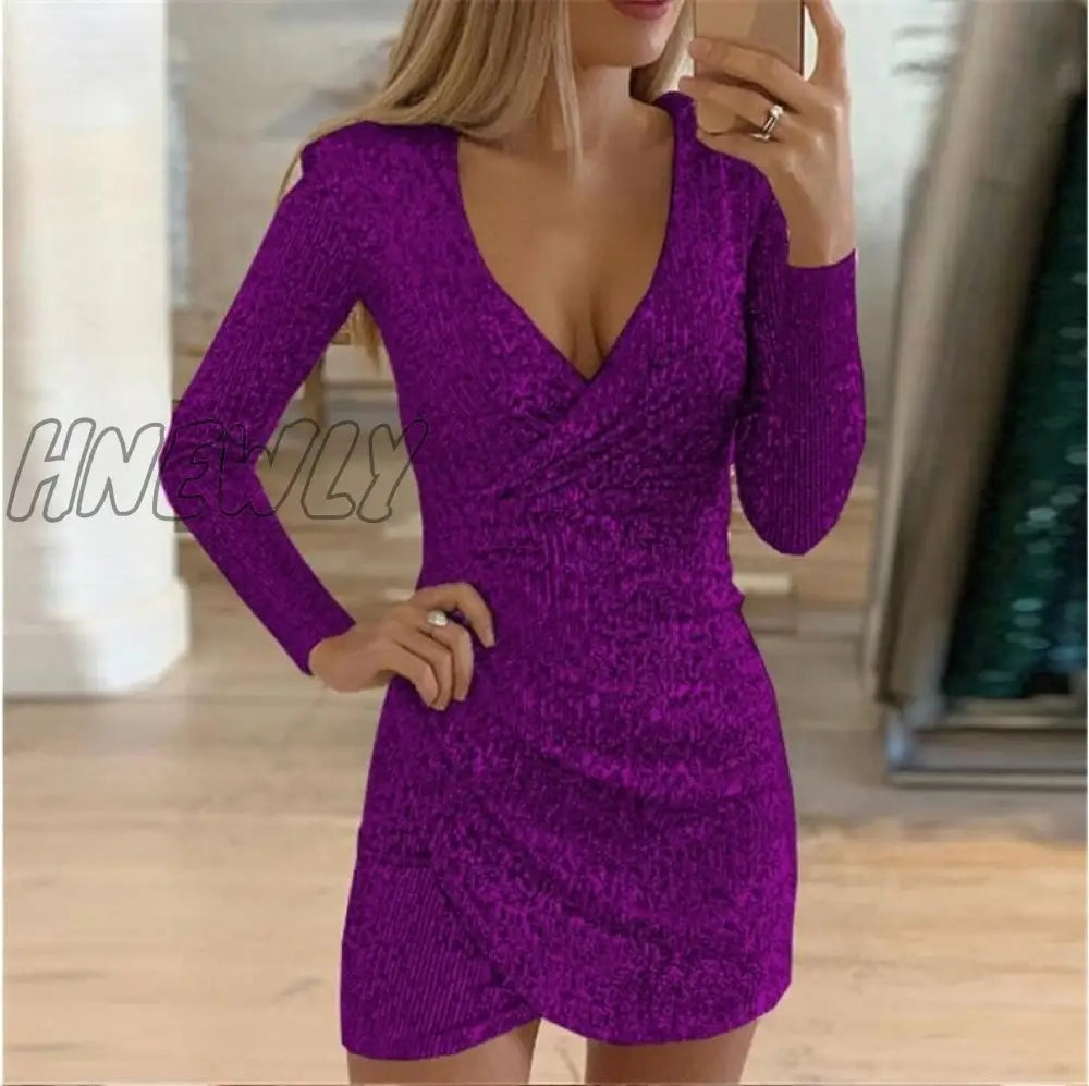 Hnewly New Sexy Women Dress Sequins Glitter V - Neck Long Sleeve Self Cultivation Dresses Elegant