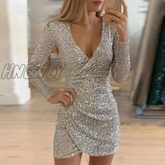 Hnewly New Sexy Women Dress Sequins Glitter V - Neck Long Sleeve Self Cultivation Dresses Elegant