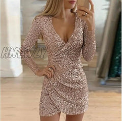 Hnewly New Sexy Women Dress Sequins Glitter V - Neck Long Sleeve Self Cultivation Dresses Elegant