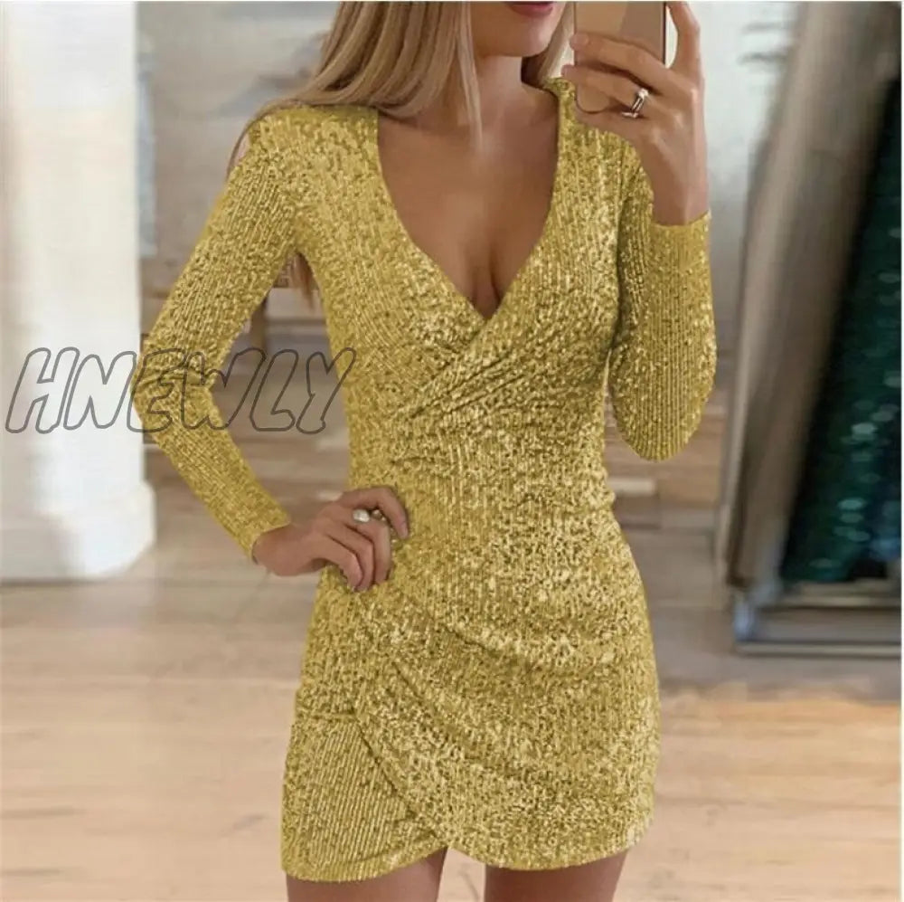 Hnewly New Sexy Women Dress Sequins Glitter V - Neck Long Sleeve Self Cultivation Dresses Elegant