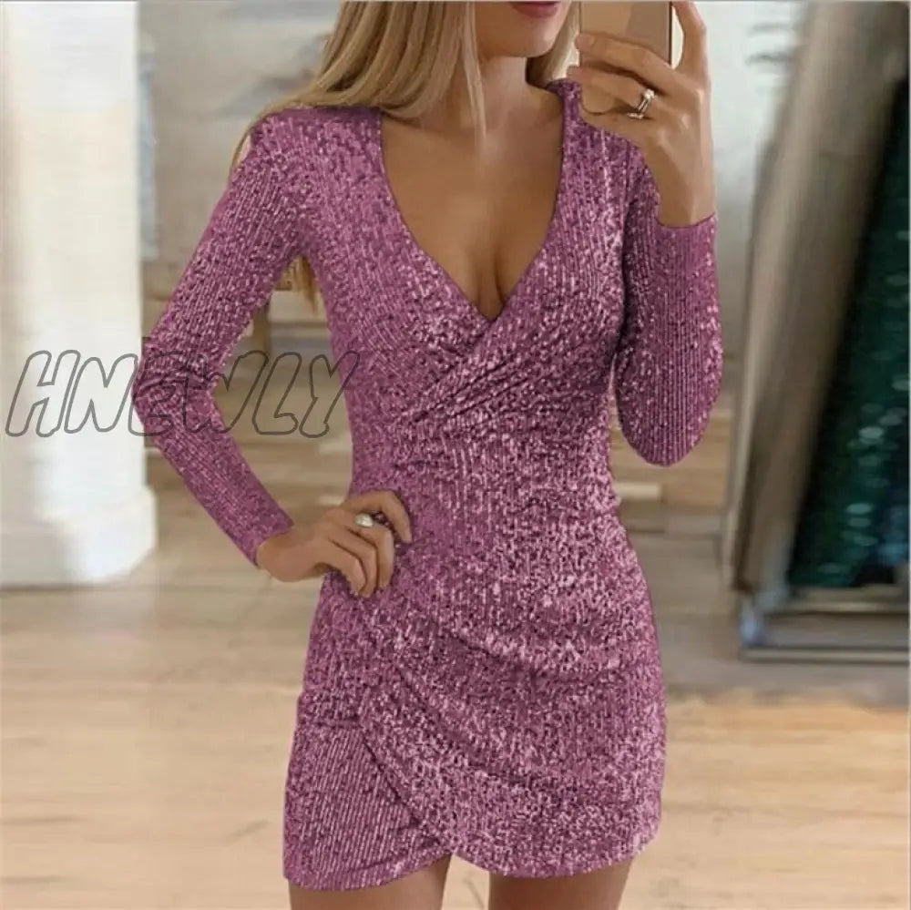 Hnewly New Sexy Women Dress Sequins Glitter V - Neck Long Sleeve Self Cultivation Dresses Elegant