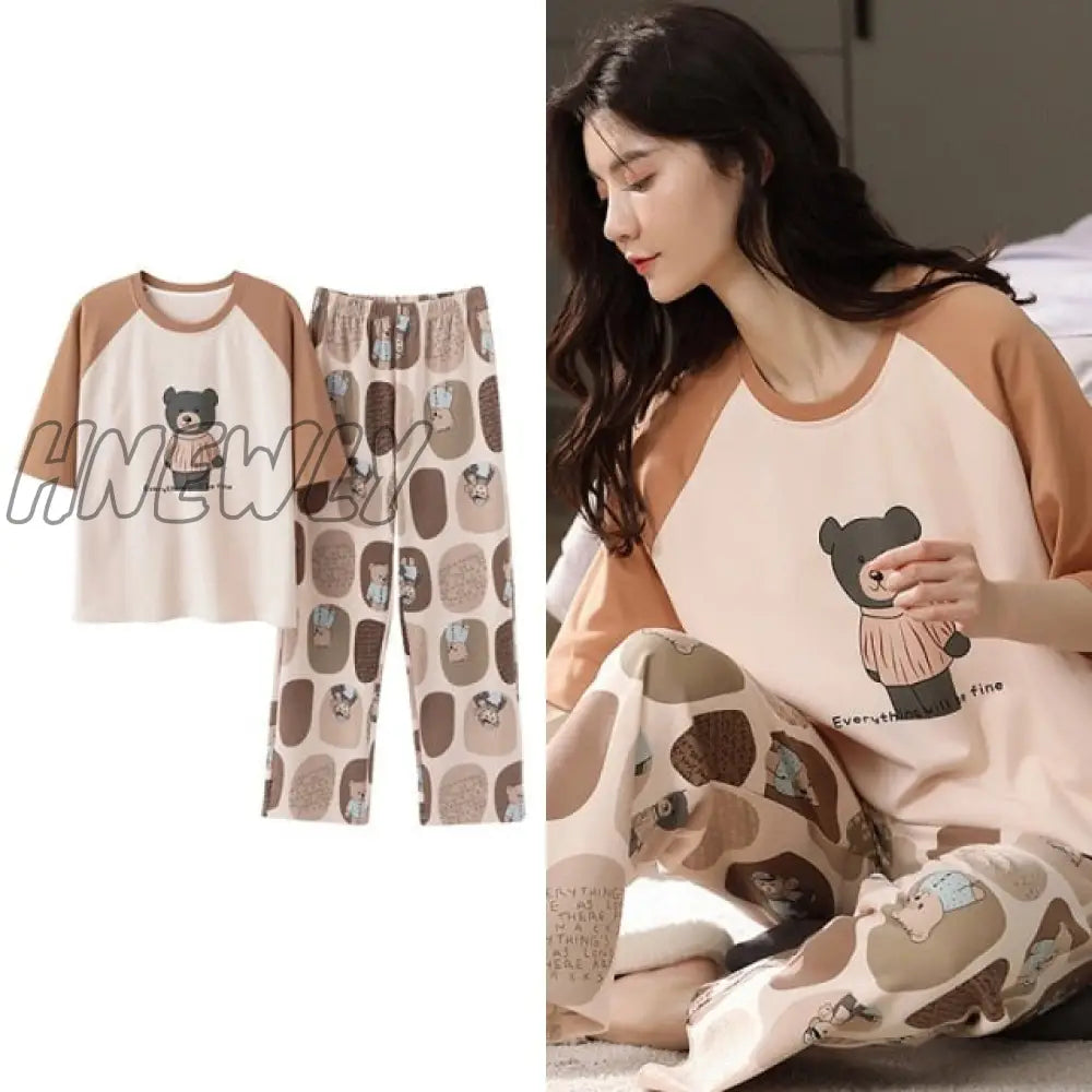 Hnewly New Sleepwear Cartoon Cotton Pajamas For Women Long Pants Short Sleeved Summer Spring