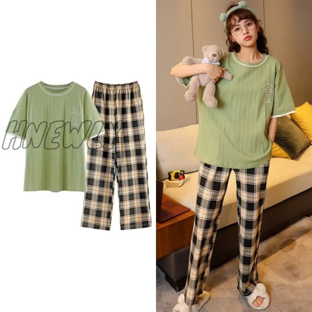 Hnewly New Sleepwear Cartoon Cotton Pajamas For Women Long Pants Short Sleeved Summer Spring