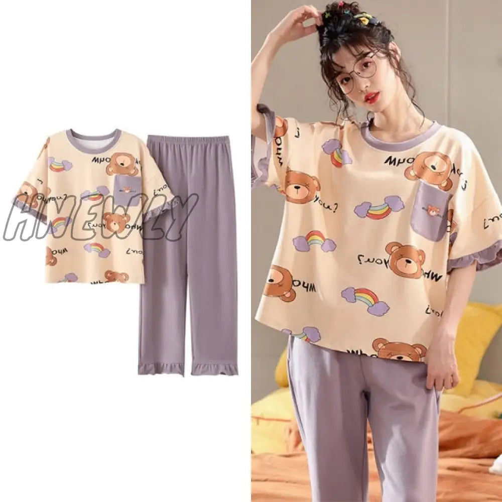 Hnewly New Sleepwear Cartoon Cotton Pajamas For Women Long Pants Short Sleeved Summer Spring