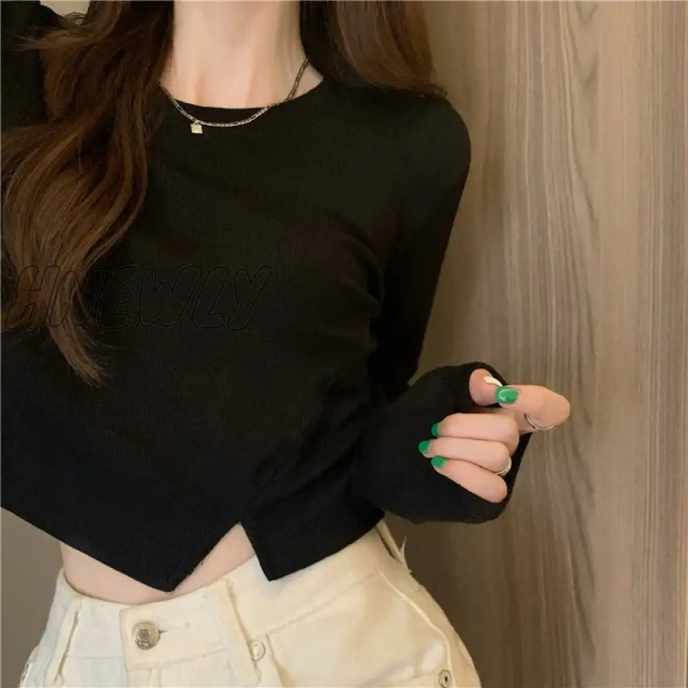 Hnewly New Spring Fashion Y2K T-Shirt Woman Vintage Long Sleeve Tee Shirt Femme Basic Solid Crop