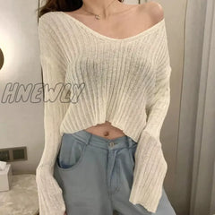 Hnewly New Spring Summer Women Casual Loose V-Neck Knitted Long Sleeve T-Shirt Autumn Sexy Club