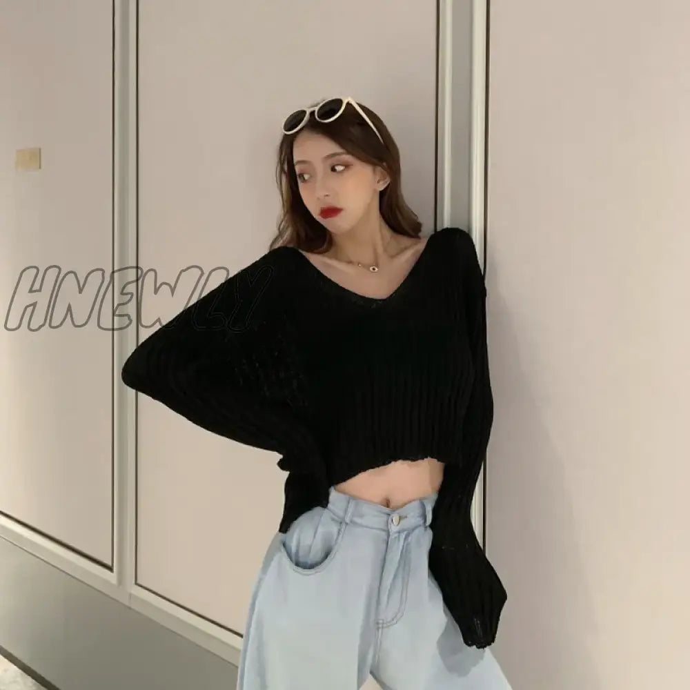 Hnewly New Spring Summer Women Casual Loose V-Neck Knitted Long Sleeve T-Shirt Autumn Sexy Club