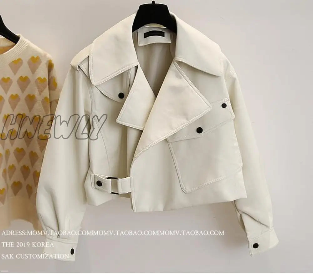 Hnewly New Spring Women Faux Leather Jacket Biker Red White Coat Turndown Collar Pu Motorcycle