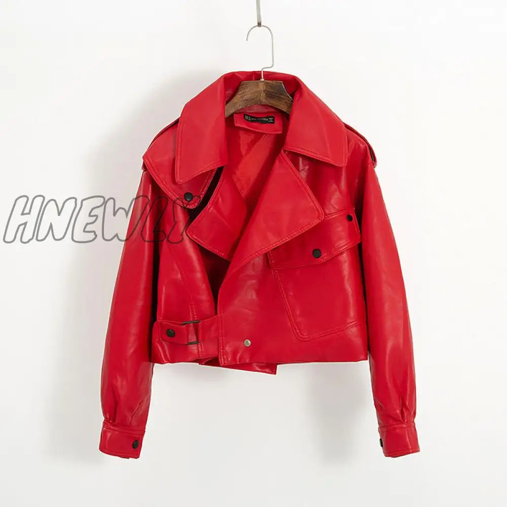 Hnewly New Spring Women Faux Leather Jacket Biker Red White Coat Turndown Collar Pu Motorcycle