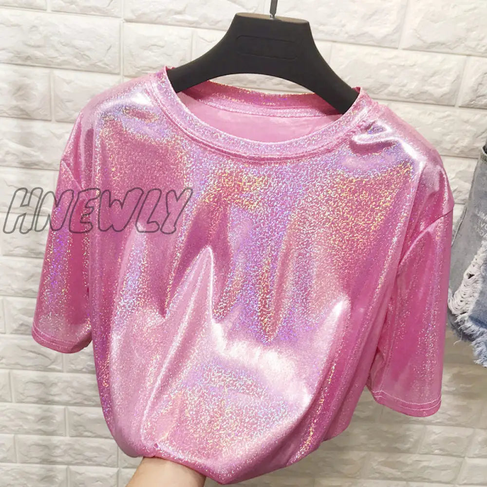 Hnewly New Summer Retro Style Stylish Bright Silk Woman Tops Shiny Loose Short Sleeve T-Shirt Sexy