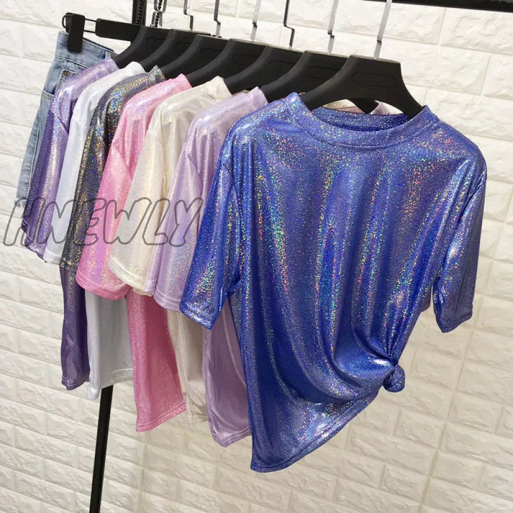 Hnewly New Summer Retro Style Stylish Bright Silk Woman Tops Shiny Loose Short Sleeve T-Shirt Sexy