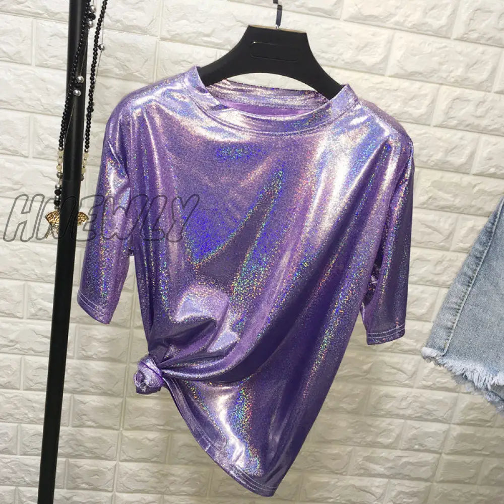 Hnewly New Summer Retro Style Stylish Bright Silk Woman Tops Shiny Loose Short Sleeve T-Shirt Sexy