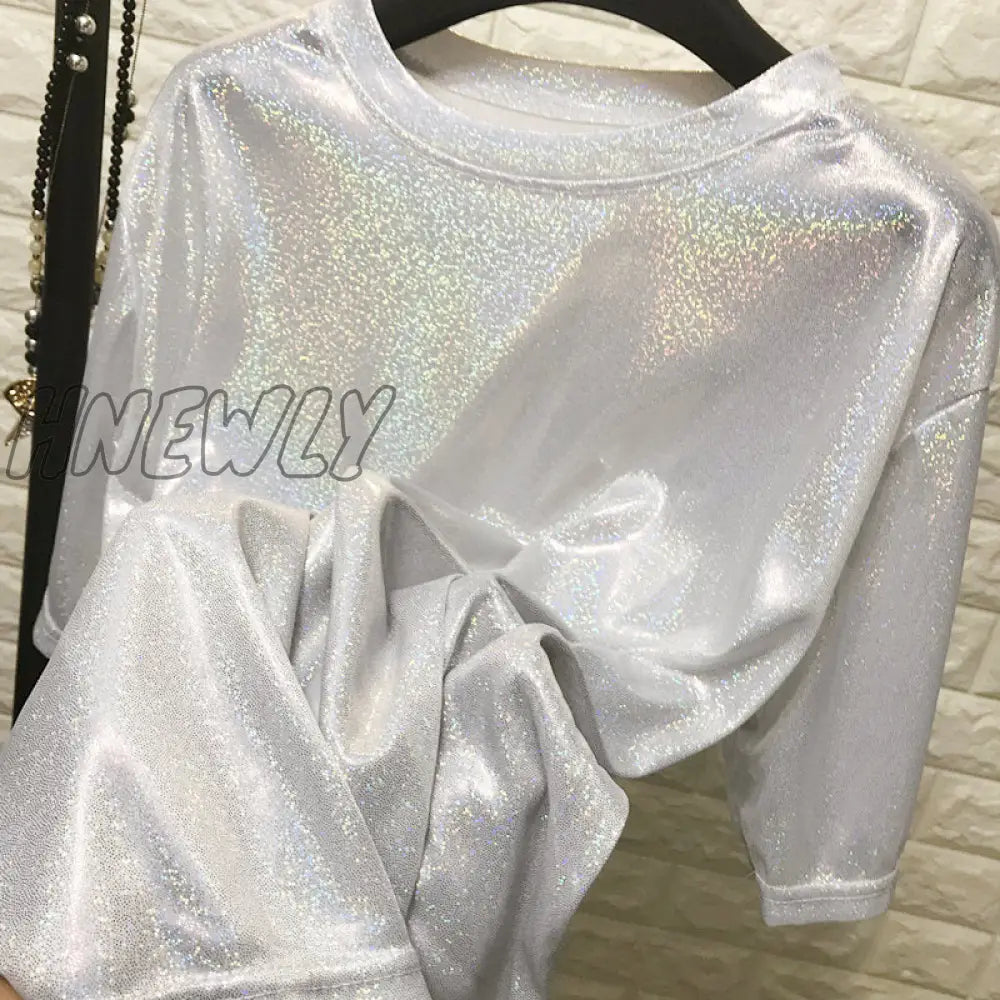 Hnewly New Summer Retro Style Stylish Bright Silk Woman Tops Shiny Loose Short Sleeve T-Shirt Sexy