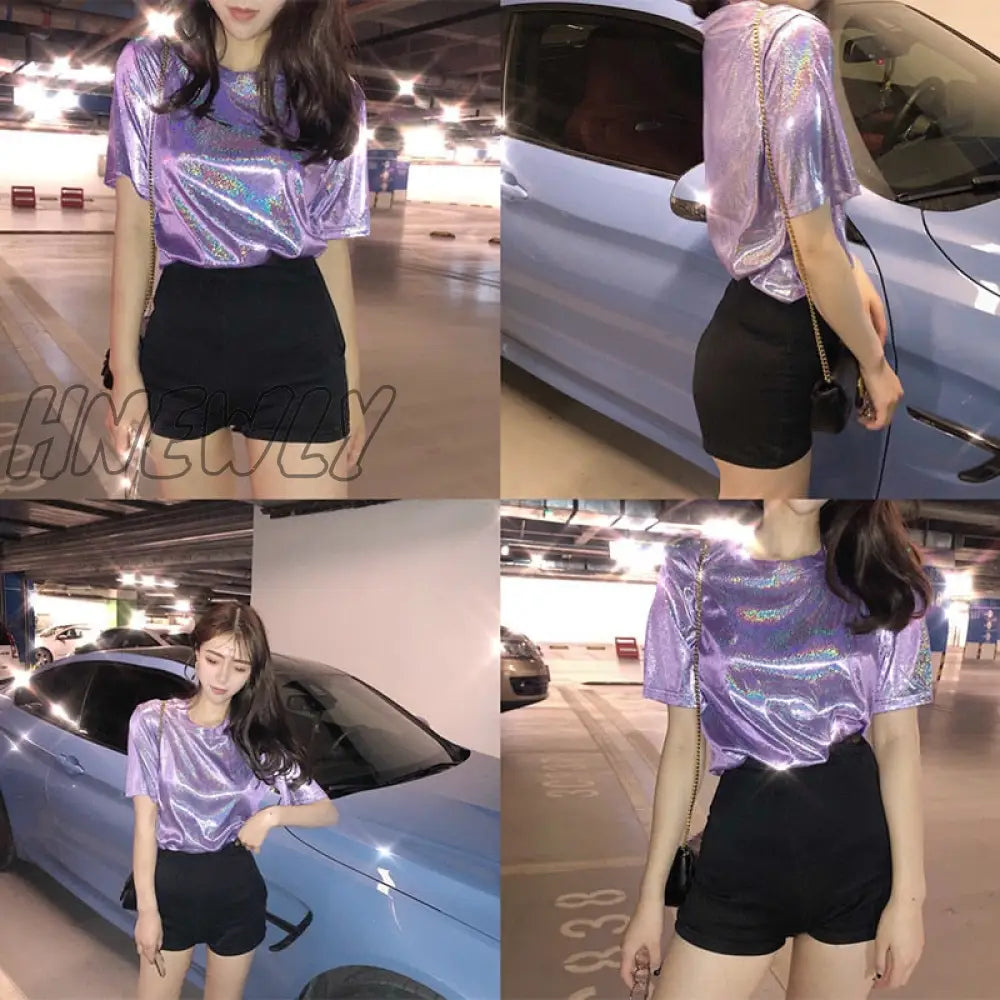 Hnewly New Summer Retro Style Stylish Bright Silk Woman Tops Shiny Loose Short Sleeve T-Shirt Sexy